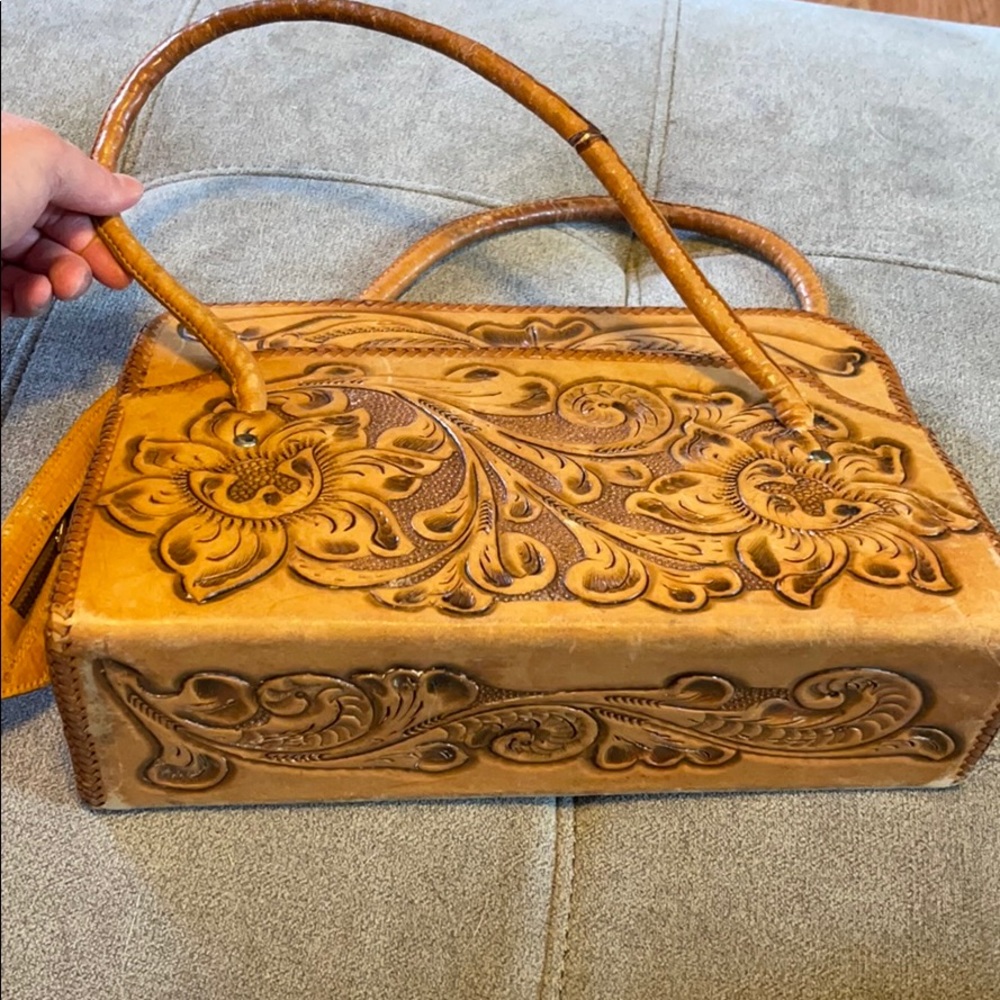 Handcrafted Tooled Leather Mini Bag in Tan